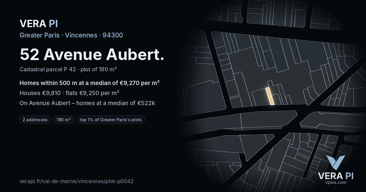 52 Avenue Aubert, Vincennes at night – the plot lit, the parcels around coloured by the prices near them