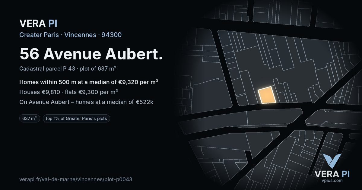 56 Avenue Aubert, Vincennes at night – the plot lit, the parcels around coloured by the prices near them