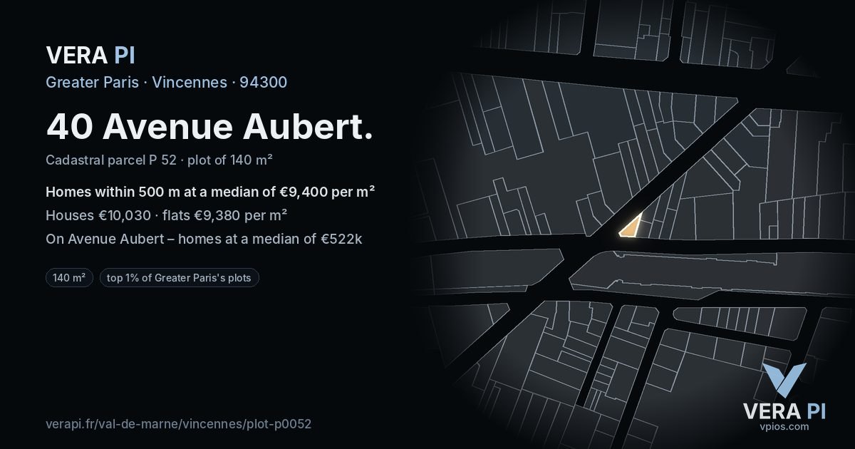 40 Avenue Aubert, Vincennes at night – the plot lit, the parcels around coloured by the prices near them
