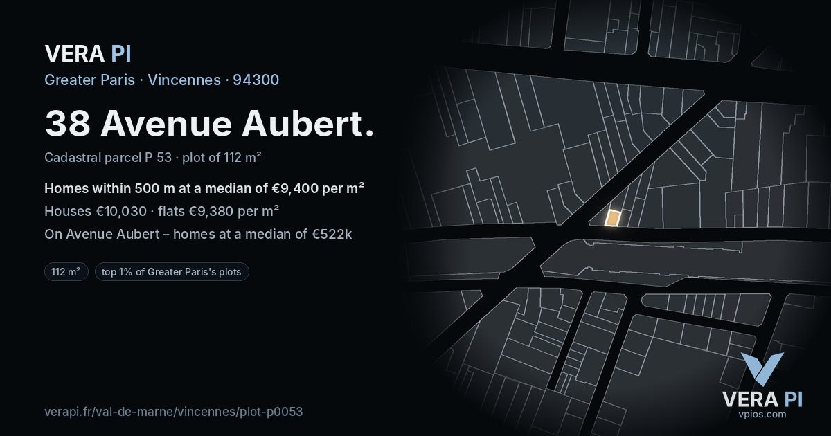 38 Avenue Aubert, Vincennes at night – the plot lit, the parcels around coloured by the prices near them