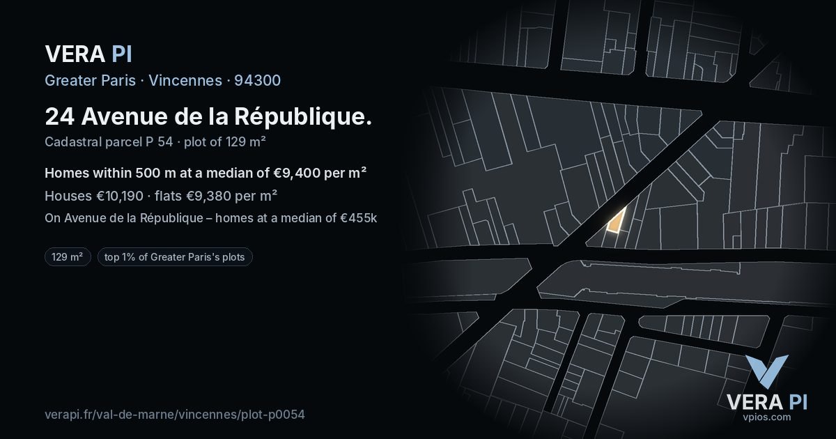 24 Avenue de la République, Vincennes at night – the plot lit, the parcels around coloured by the prices near them