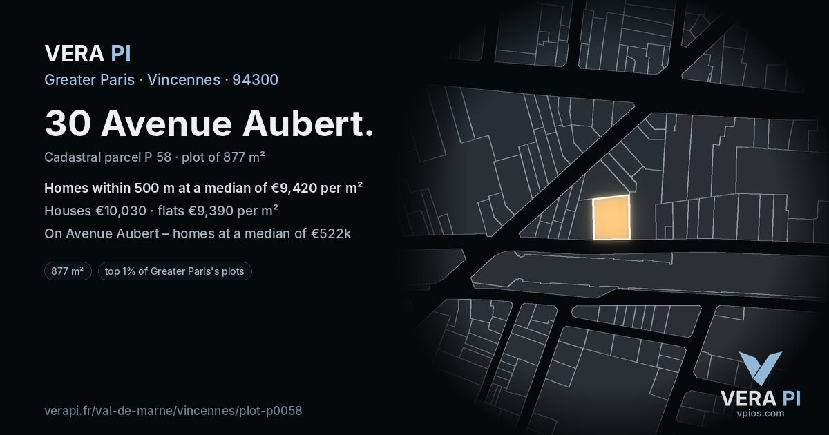 30 Avenue Aubert, Vincennes at night – the plot lit, the parcels around coloured by the prices near them