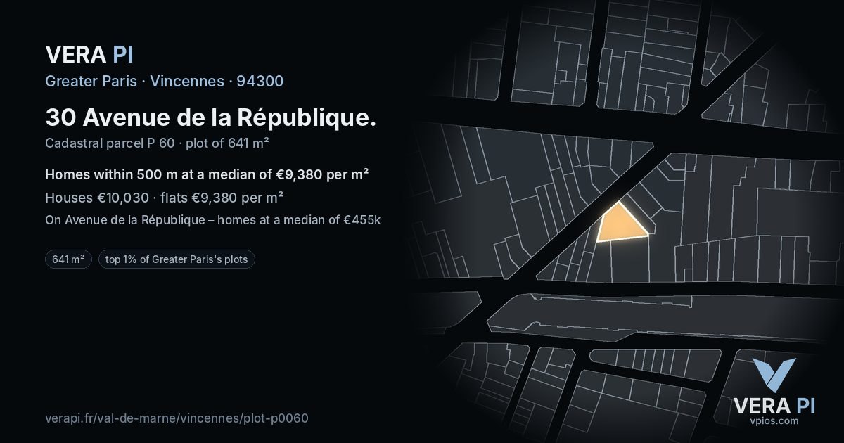 30 Avenue de la République, Vincennes at night – the plot lit, the parcels around coloured by the prices near them