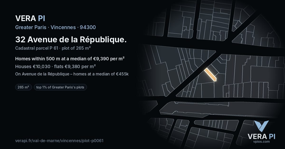 32 Avenue de la République, Vincennes at night – the plot lit, the parcels around coloured by the prices near them