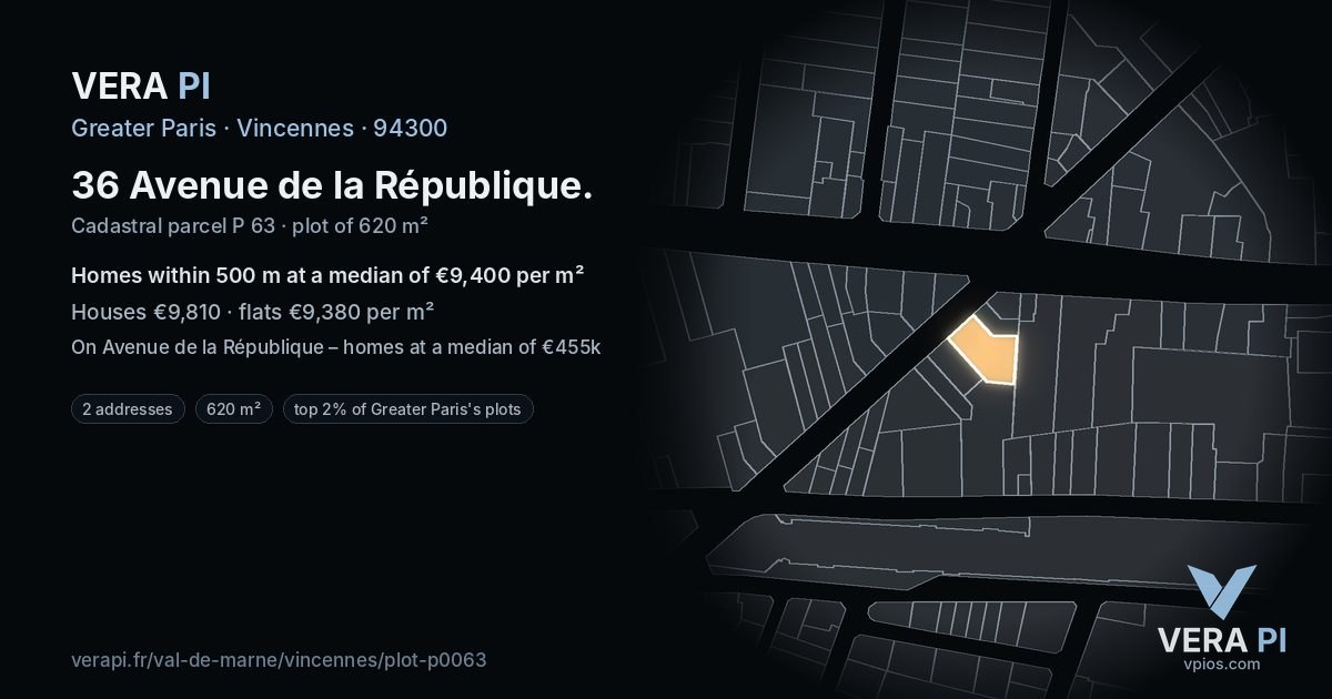 36 Avenue de la République, Vincennes at night – the plot lit, the parcels around coloured by the prices near them