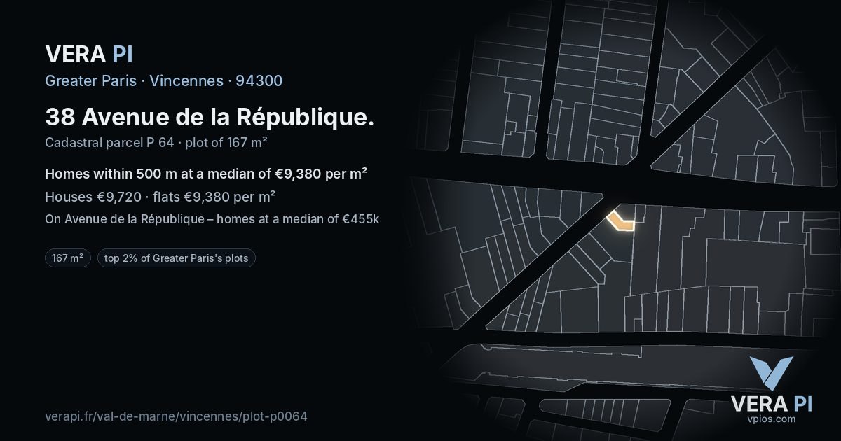 38 Avenue de la République, Vincennes at night – the plot lit, the parcels around coloured by the prices near them