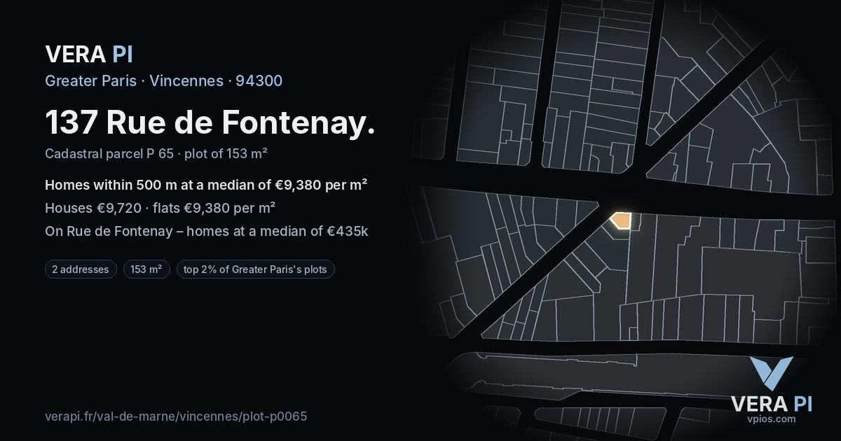 137 Rue de Fontenay, Vincennes at night – the plot lit, the parcels around coloured by the prices near them