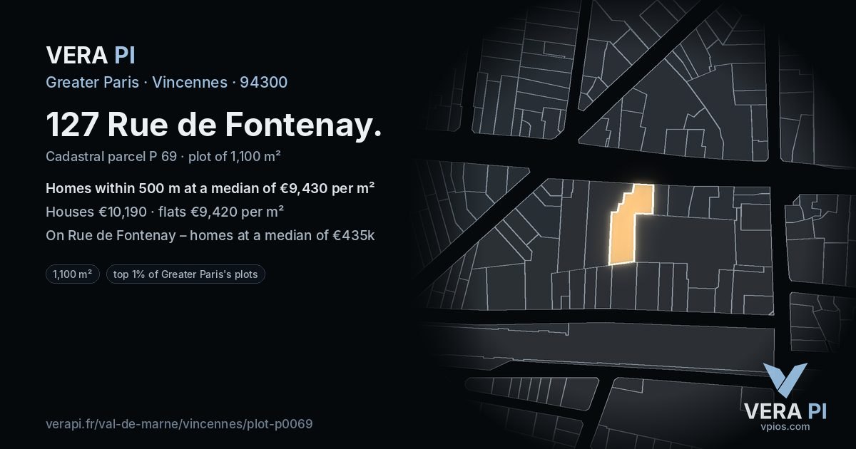 127 Rue de Fontenay, Vincennes at night – the plot lit, the parcels around coloured by the prices near them