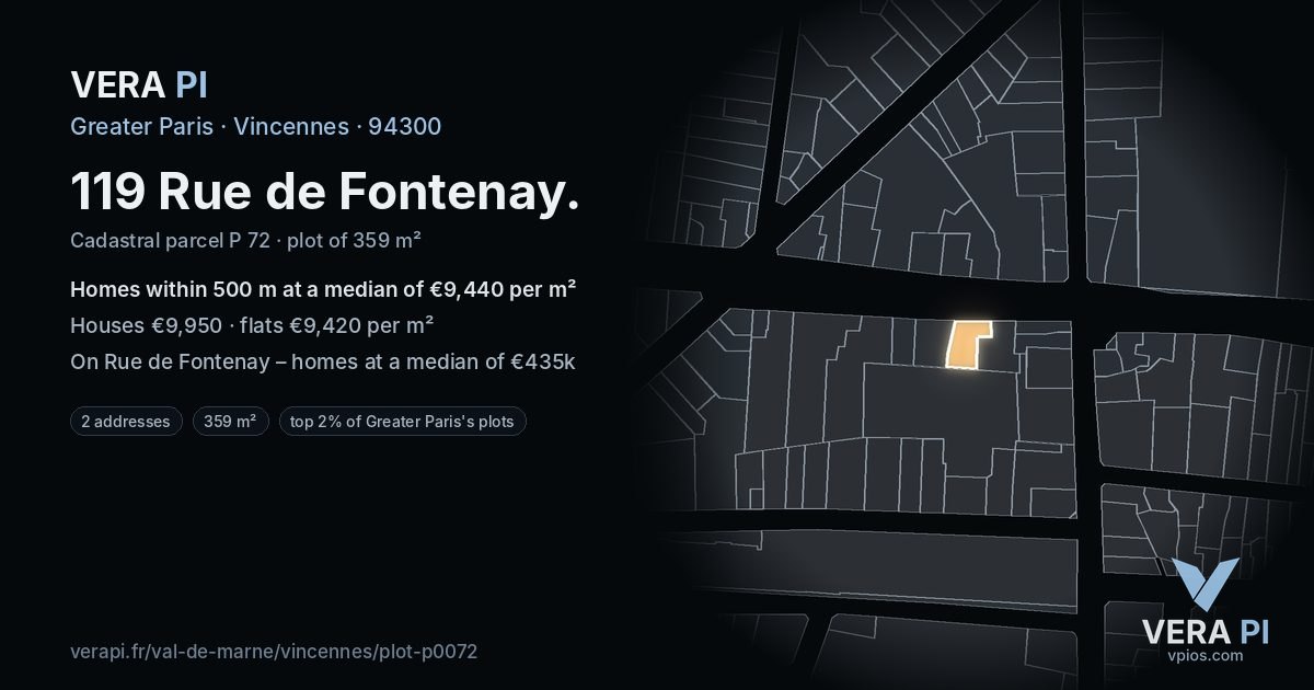 119 Rue de Fontenay, Vincennes at night – the plot lit, the parcels around coloured by the prices near them