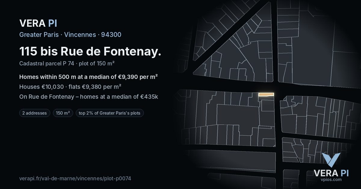115 bis Rue de Fontenay, Vincennes at night – the plot lit, the parcels around coloured by the prices near them