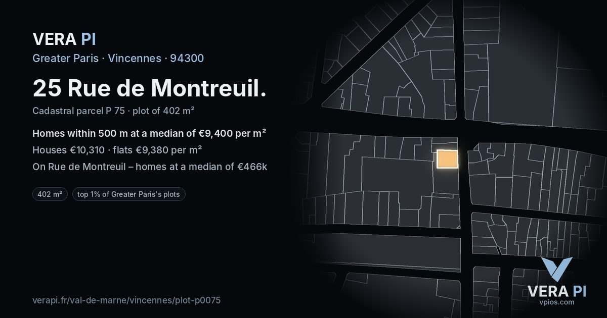 25 Rue de Montreuil, Vincennes at night – the plot lit, the parcels around coloured by the prices near them