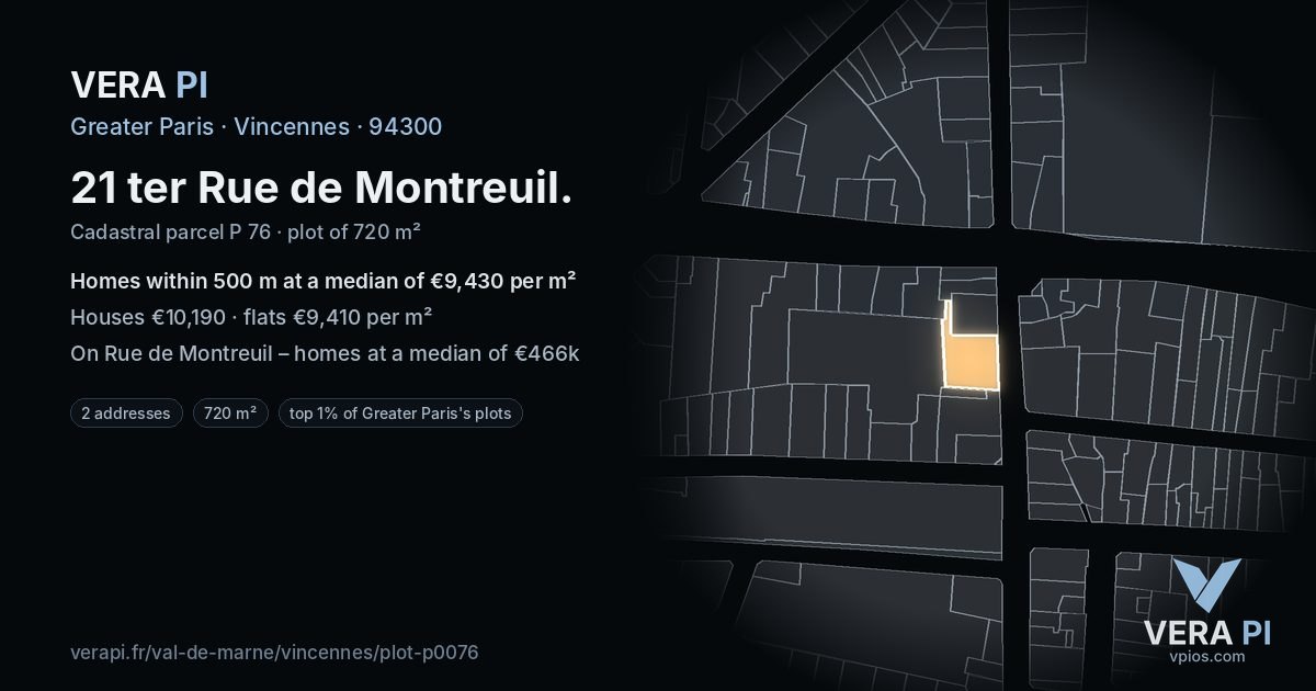 21 ter Rue de Montreuil, Vincennes at night – the plot lit, the parcels around coloured by the prices near them