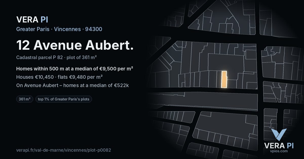 12 Avenue Aubert, Vincennes at night – the plot lit, the parcels around coloured by the prices near them