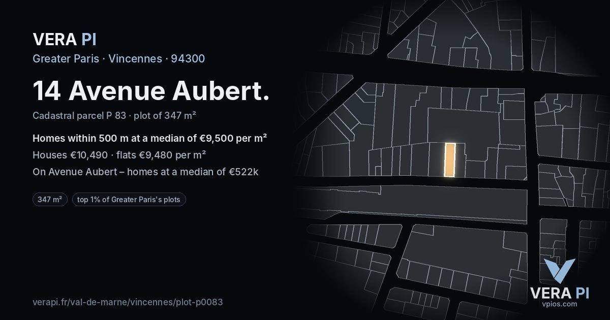 14 Avenue Aubert, Vincennes at night – the plot lit, the parcels around coloured by the prices near them