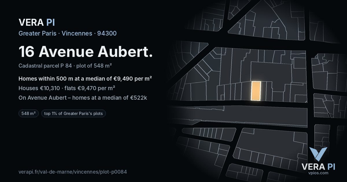 16 Avenue Aubert, Vincennes at night – the plot lit, the parcels around coloured by the prices near them