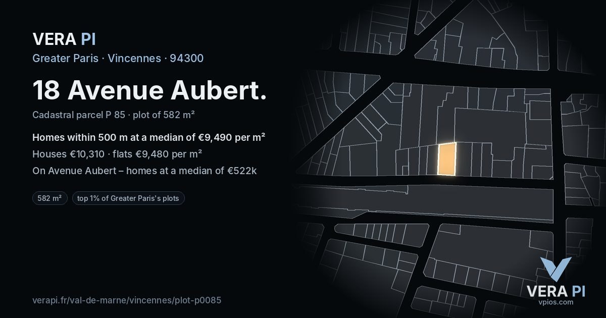 18 Avenue Aubert, Vincennes at night – the plot lit, the parcels around coloured by the prices near them