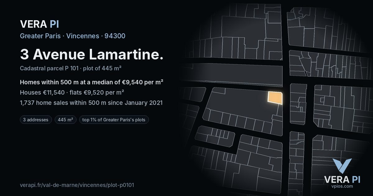 3 Avenue Lamartine, Vincennes at night – the plot lit, the parcels around coloured by the prices near them