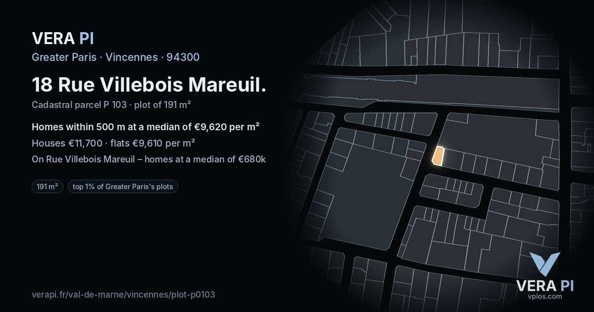 18 Rue Villebois Mareuil, Vincennes at night – the plot lit, the parcels around coloured by the prices near them