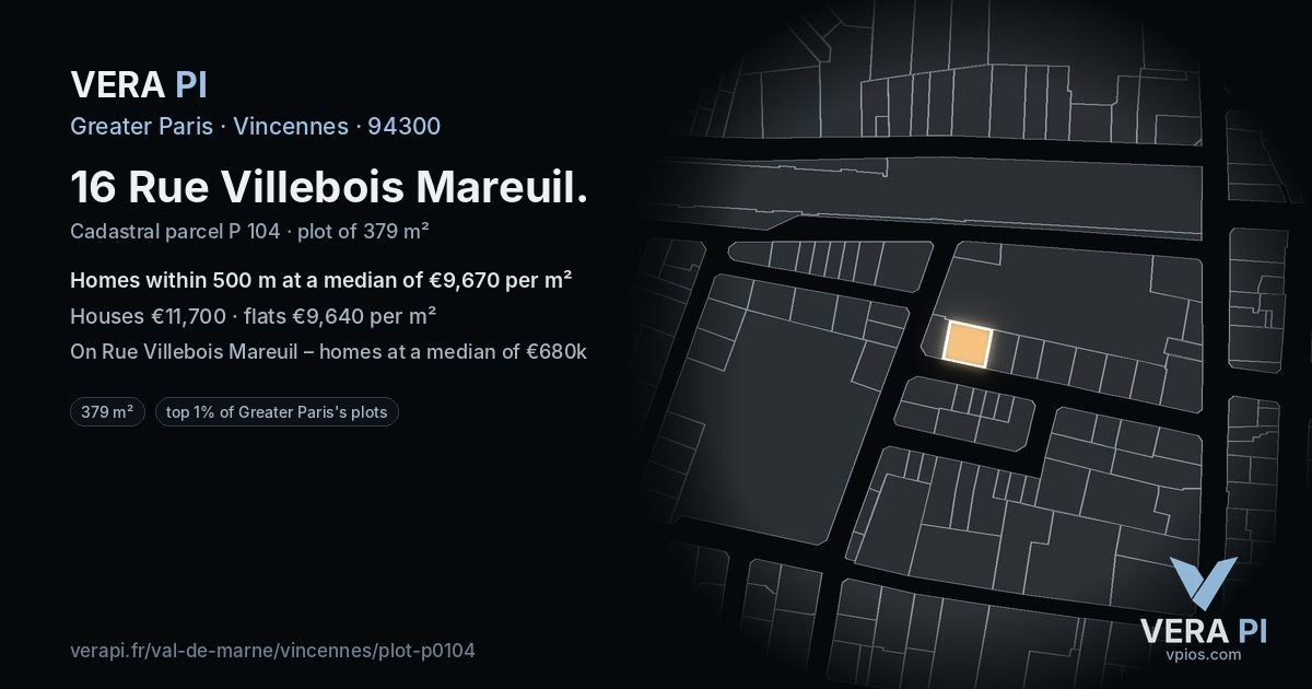 16 Rue Villebois Mareuil, Vincennes at night – the plot lit, the parcels around coloured by the prices near them