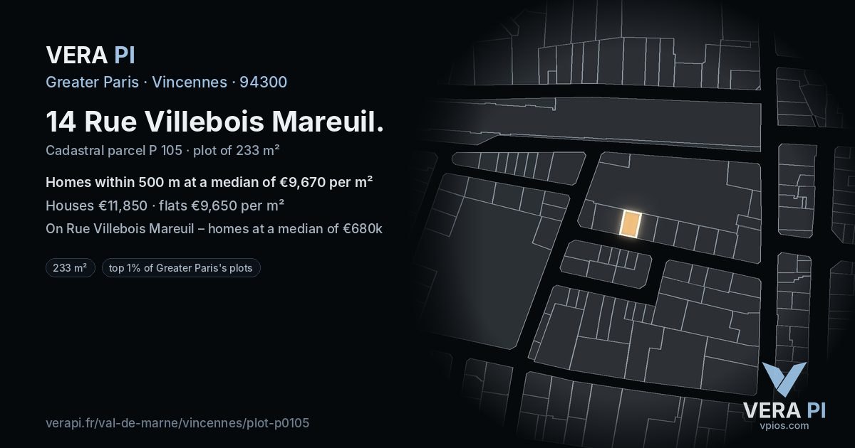 14 Rue Villebois Mareuil, Vincennes at night – the plot lit, the parcels around coloured by the prices near them