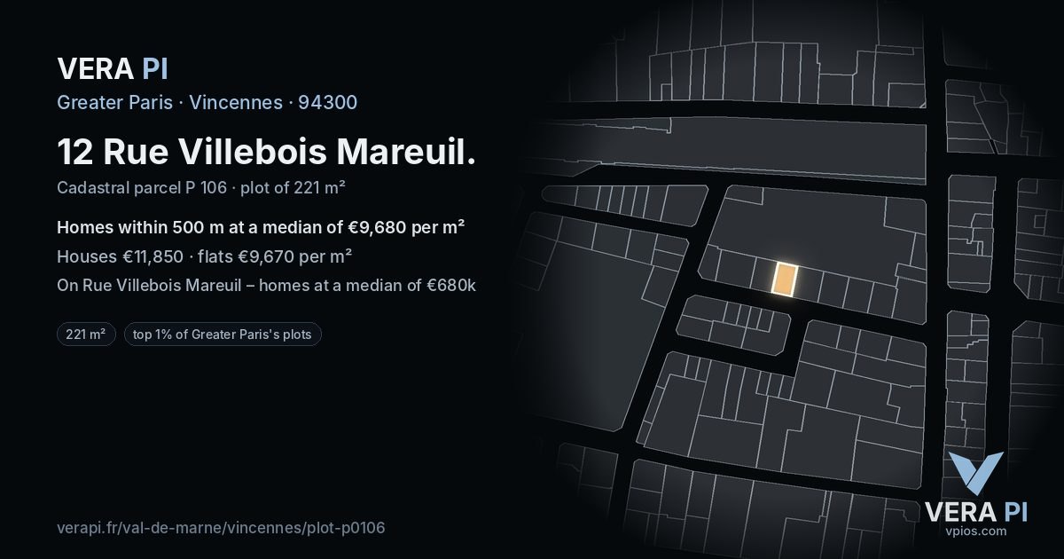 12 Rue Villebois Mareuil, Vincennes at night – the plot lit, the parcels around coloured by the prices near them