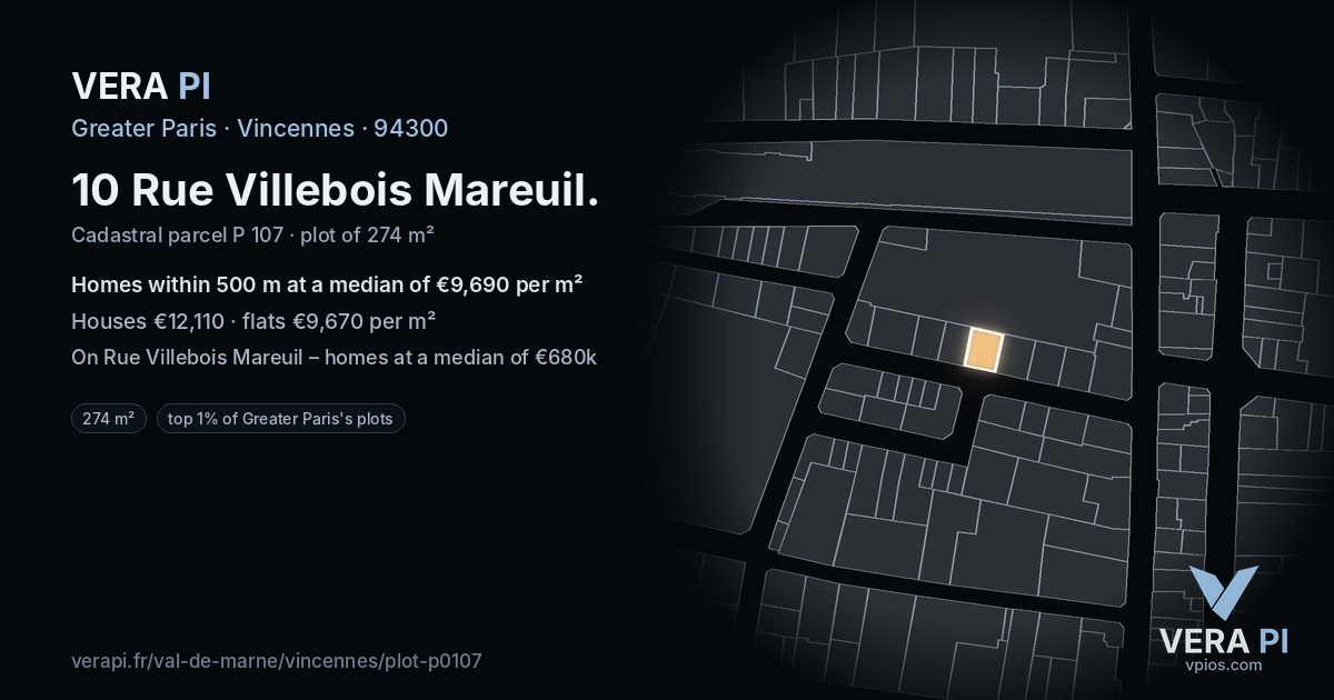 10 Rue Villebois Mareuil, Vincennes at night – the plot lit, the parcels around coloured by the prices near them