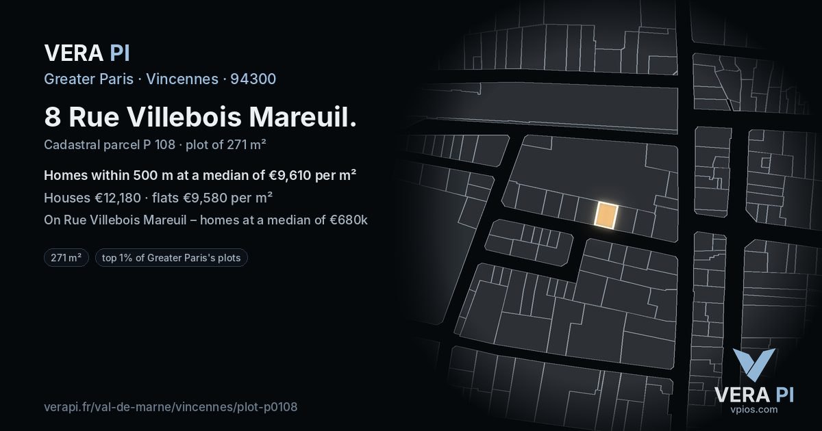 8 Rue Villebois Mareuil, Vincennes at night – the plot lit, the parcels around coloured by the prices near them