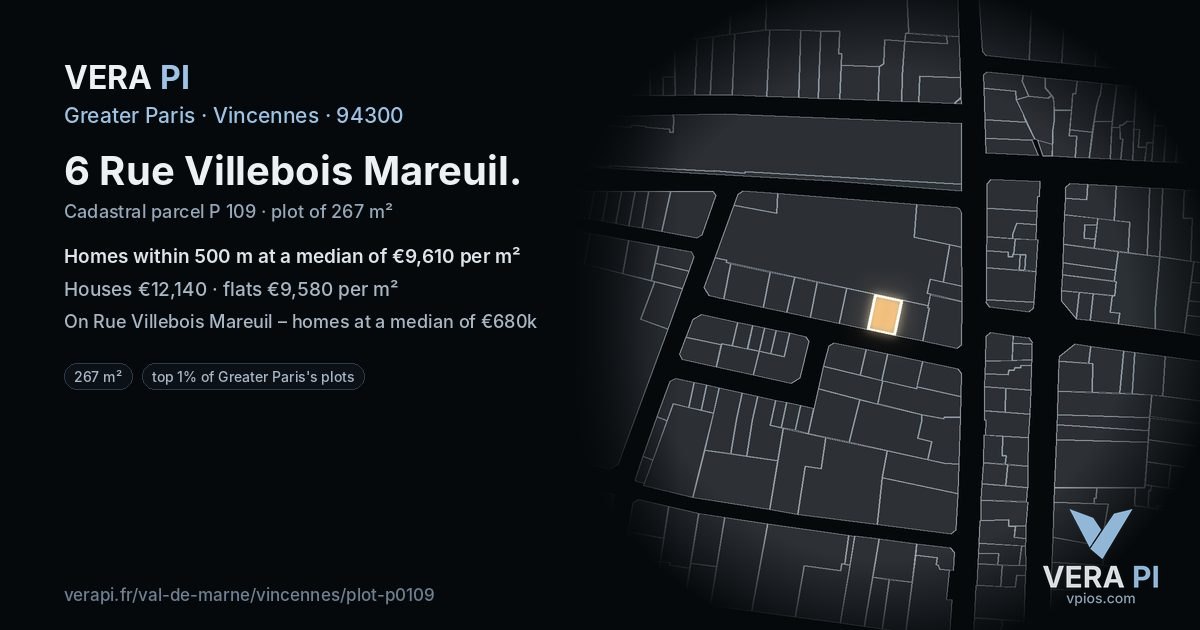 6 Rue Villebois Mareuil, Vincennes at night – the plot lit, the parcels around coloured by the prices near them