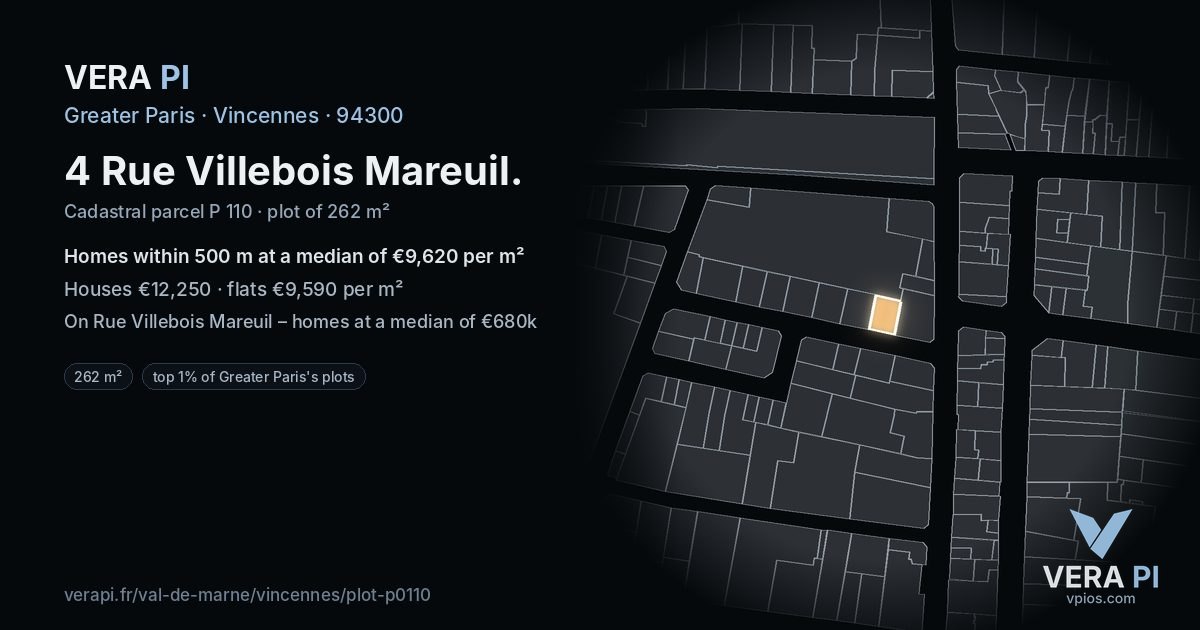 4 Rue Villebois Mareuil, Vincennes at night – the plot lit, the parcels around coloured by the prices near them