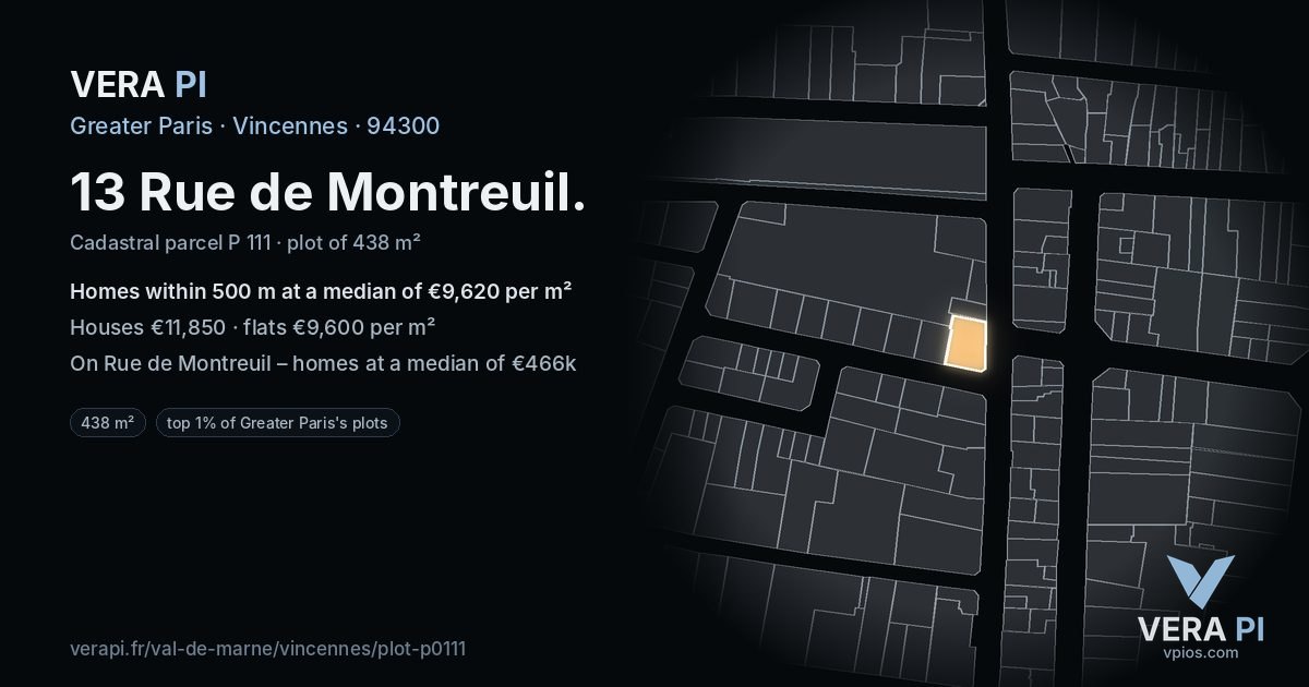 13 Rue de Montreuil, Vincennes at night – the plot lit, the parcels around coloured by the prices near them