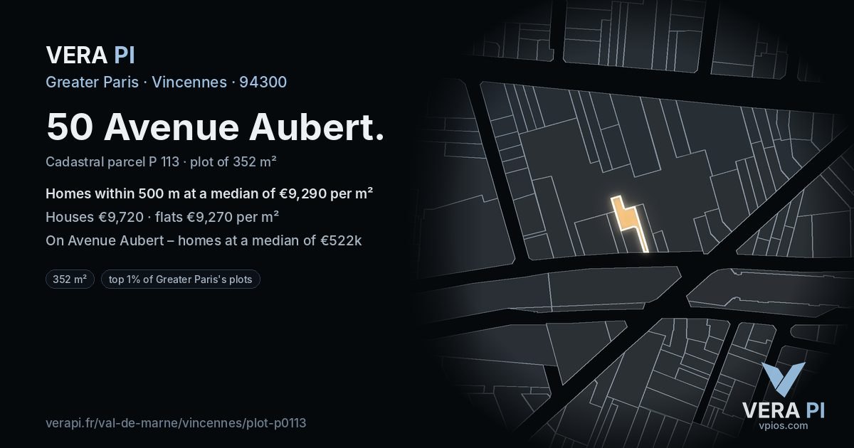 50 Avenue Aubert, Vincennes at night – the plot lit, the parcels around coloured by the prices near them