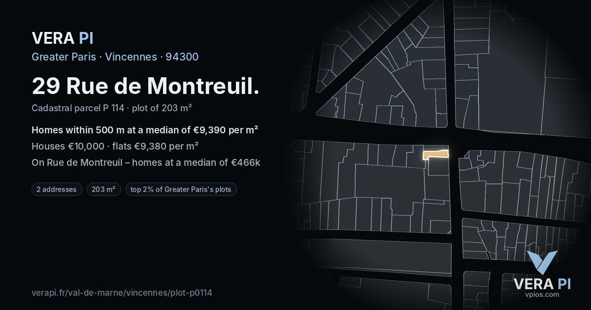 29 Rue de Montreuil, Vincennes at night – the plot lit, the parcels around coloured by the prices near them
