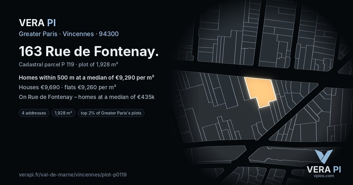163 Rue de Fontenay, Vincennes at night – the plot lit, the parcels around coloured by the prices near them