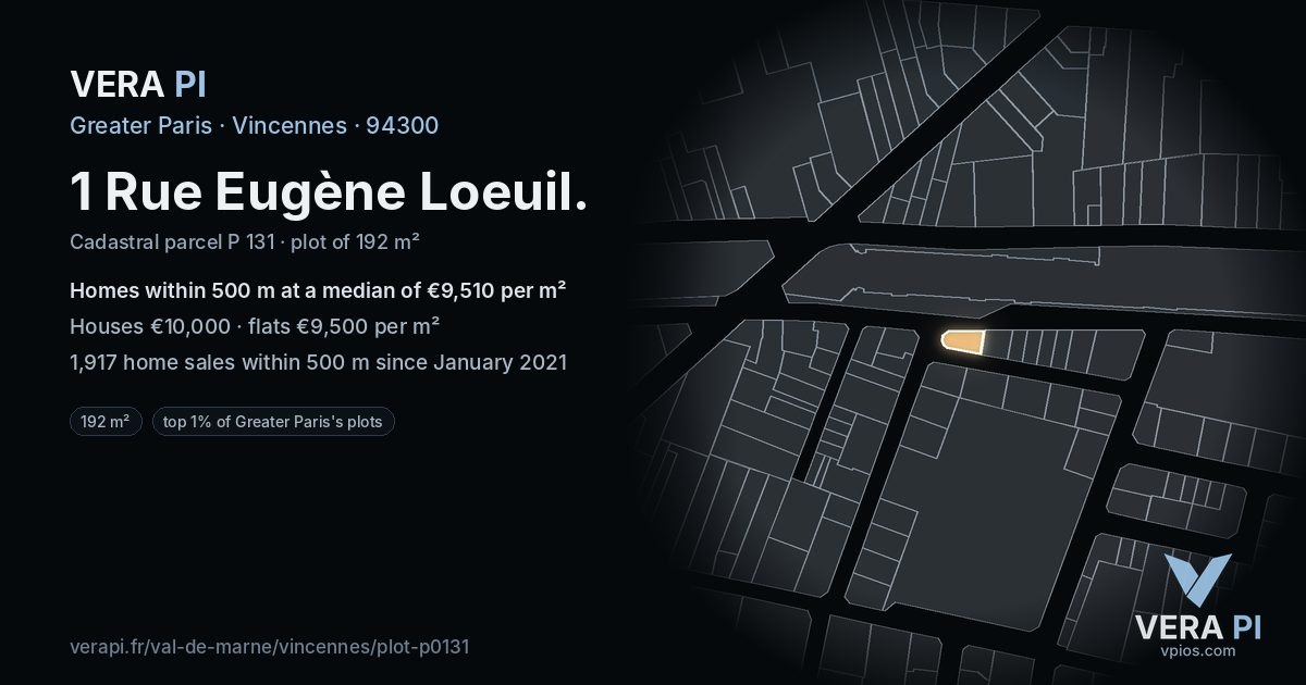 1 Rue Eugène Loeuil, Vincennes at night – the plot lit, the parcels around coloured by the prices near them