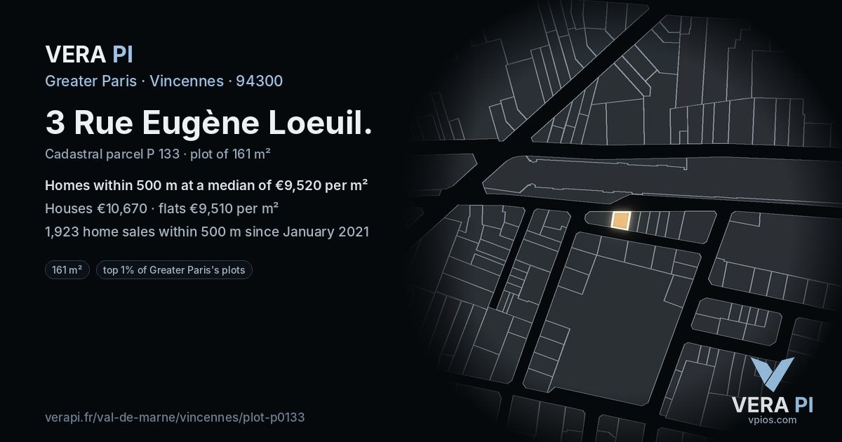 3 Rue Eugène Loeuil, Vincennes at night – the plot lit, the parcels around coloured by the prices near them