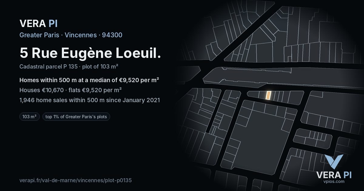 5 Rue Eugène Loeuil, Vincennes at night – the plot lit, the parcels around coloured by the prices near them
