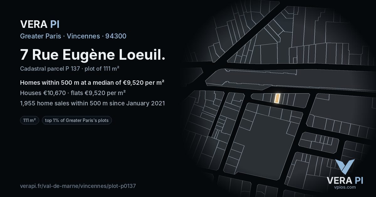 7 Rue Eugène Loeuil, Vincennes at night – the plot lit, the parcels around coloured by the prices near them