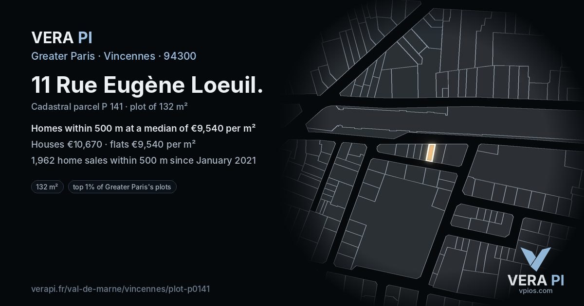 11 Rue Eugène Loeuil, Vincennes at night – the plot lit, the parcels around coloured by the prices near them