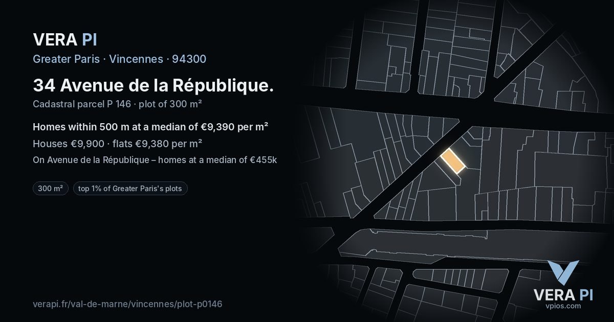 34 Avenue de la République, Vincennes at night – the plot lit, the parcels around coloured by the prices near them