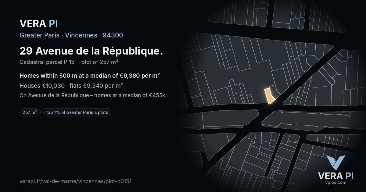 29 Avenue de la République, Vincennes at night – the plot lit, the parcels around coloured by the prices near them