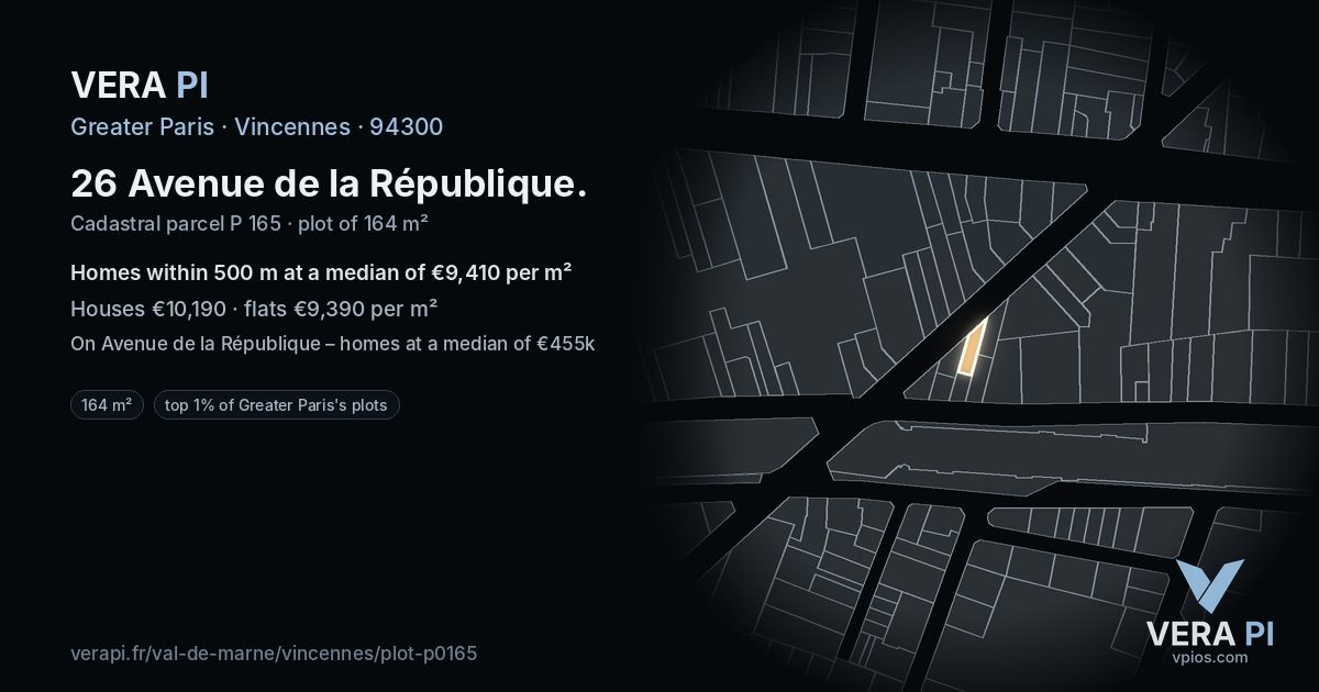 26 Avenue de la République, Vincennes at night – the plot lit, the parcels around coloured by the prices near them