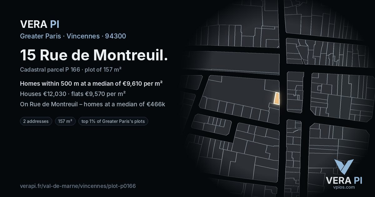 15 Rue de Montreuil, Vincennes at night – the plot lit, the parcels around coloured by the prices near them