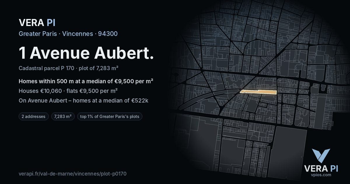 1 Avenue Aubert, Vincennes at night – the plot lit, the parcels around coloured by the prices near them