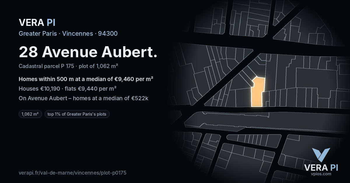 28 Avenue Aubert, Vincennes at night – the plot lit, the parcels around coloured by the prices near them