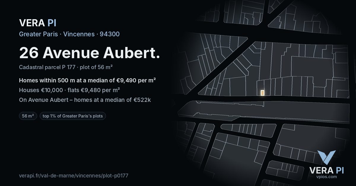 26 Avenue Aubert, Vincennes at night – the plot lit, the parcels around coloured by the prices near them