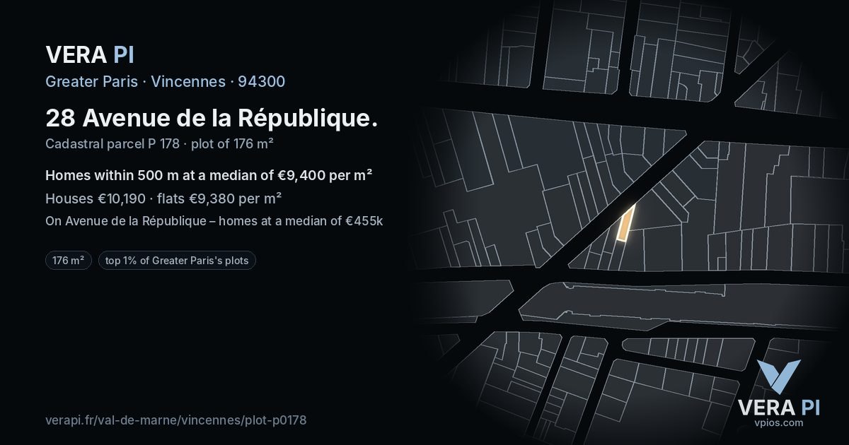 28 Avenue de la République, Vincennes at night – the plot lit, the parcels around coloured by the prices near them