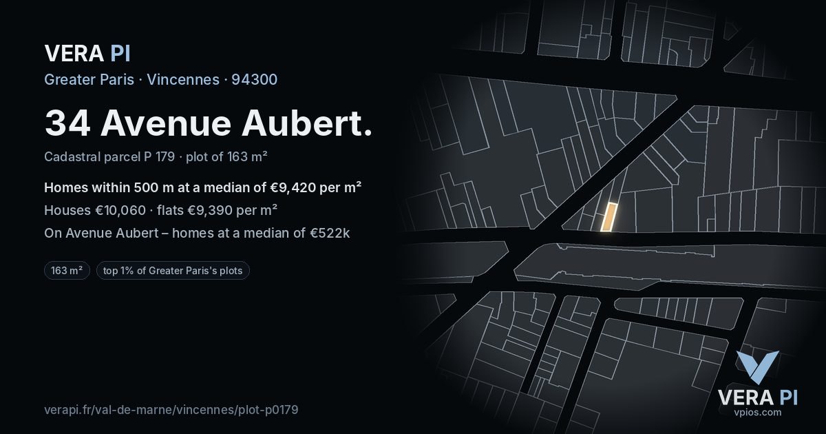 34 Avenue Aubert, Vincennes at night – the plot lit, the parcels around coloured by the prices near them