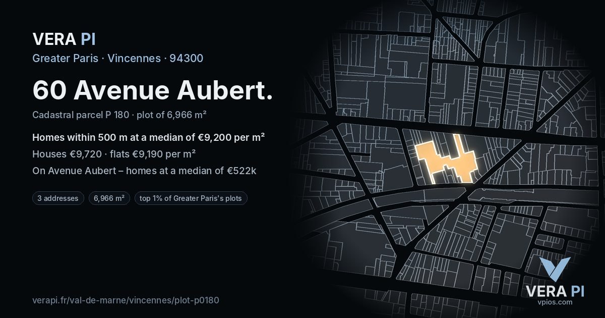 60 Avenue Aubert, Vincennes at night – the plot lit, the parcels around coloured by the prices near them