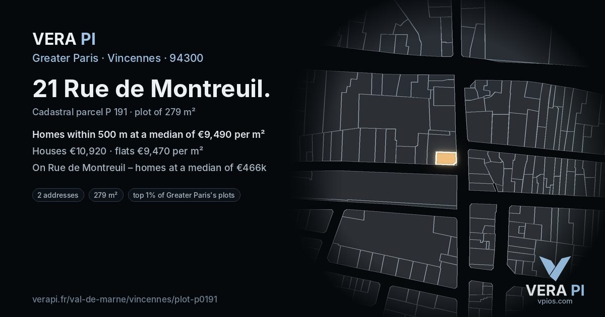 21 Rue de Montreuil, Vincennes at night – the plot lit, the parcels around coloured by the prices near them