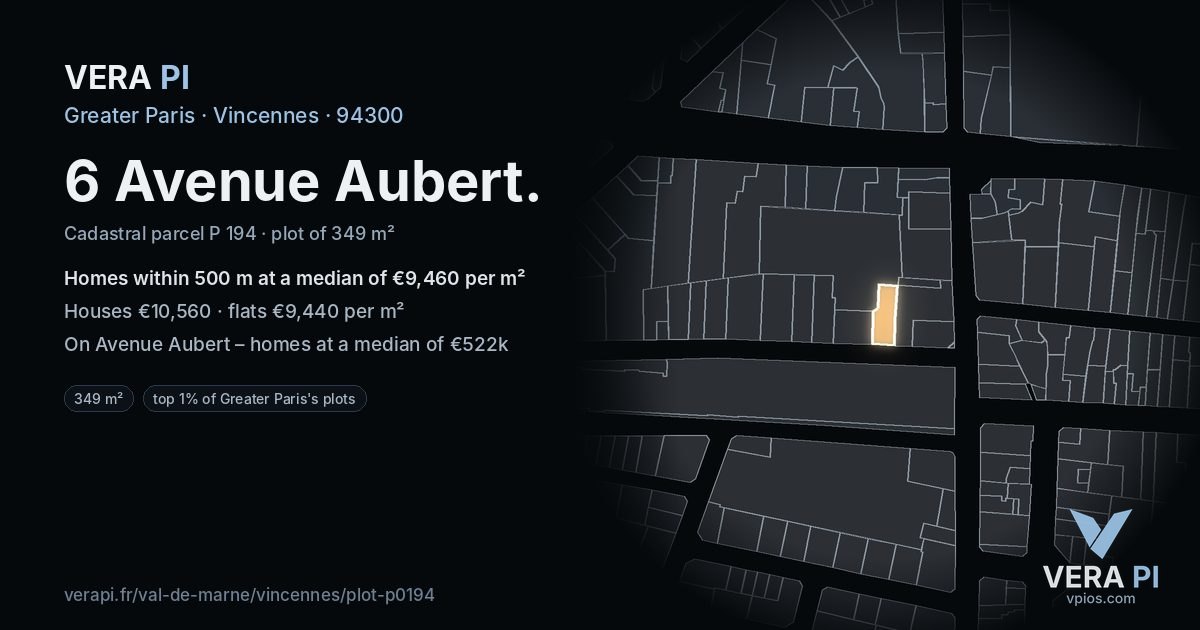 6 Avenue Aubert, Vincennes at night – the plot lit, the parcels around coloured by the prices near them